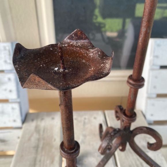 Vintage Wrought Iron Rustic Set Of (2) 16”& 21” Gothic Regency Candle Holders - Picture 4 of 16